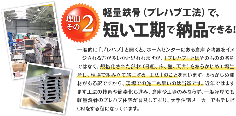 理由その2 軽量鉄骨（プレハブ工法）で、短い工期で納品できる！ 一般的に「プレハブ」と聞くと、ホームセンターにある倉庫や物置をイメージされる方が多いかと思われますが、「プレハブ」とはそのものの名称ではなく、規格化された部材（骨組、床、壁、天井）をあらかじめ工場生産し、現場で組み立て施工する「工法」のことを言います。あらかじめ部材がある訳ですから、現場での施工も早いのは当然です。近年ではますます工法の技術や簡素化も進み、倉庫や工場のみならず、一般家屋でも軽量鉄骨のプレハブ住宅が普及しており、大手住宅メーカーでもテレビCMをする程になっています。