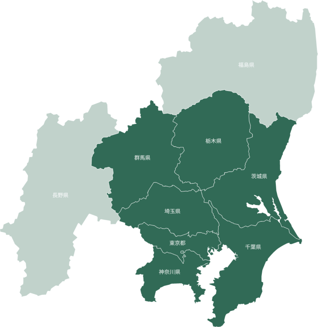 オカモト技工の対応エリア地図（関東エリア中心）